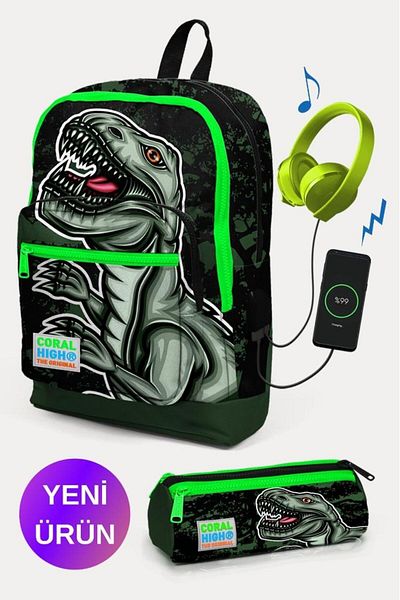 Coral High Set de 2 genți de școală pentru copii, verde închis, negru, cu model de dinozaur, cu USB GOSET 0223825