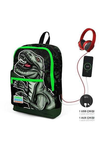 Coral High Set de 2 genți de școală pentru copii, verde închis, negru, cu model de dinozaur, cu USB GOSET 0223825