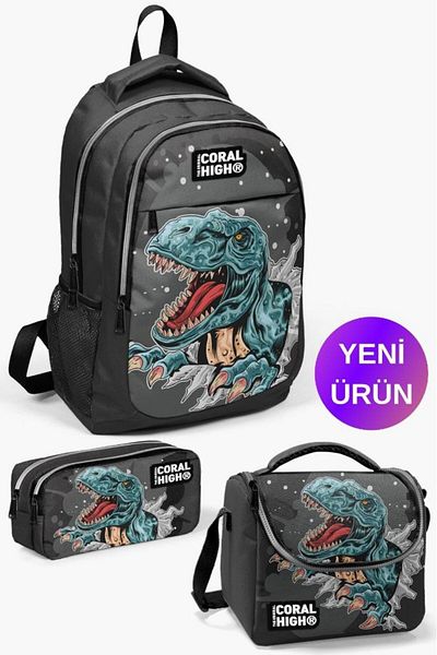Coral High Kids Dark Gray Black Dinosaur Patterned 3-Piece School Bag Set