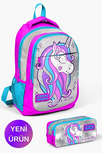 Coral High Set de genți de școală din 2 piese cu model unicorn cu sclipici ar...