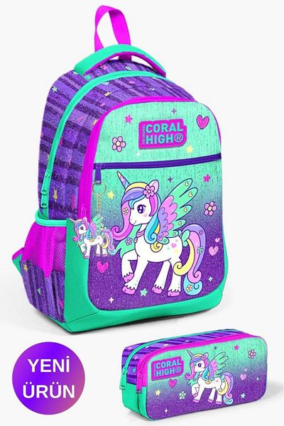 Coral High Kids Purple Water Green Unicorn Patterned 2-Piece School Bag Set GOSET0223487