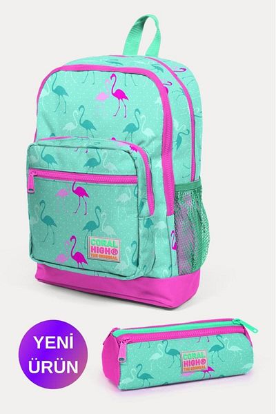 Coral High Set de 2 genți de școală pentru copii, verde apă, roz neon, cu model flamingo GOSET 0223111