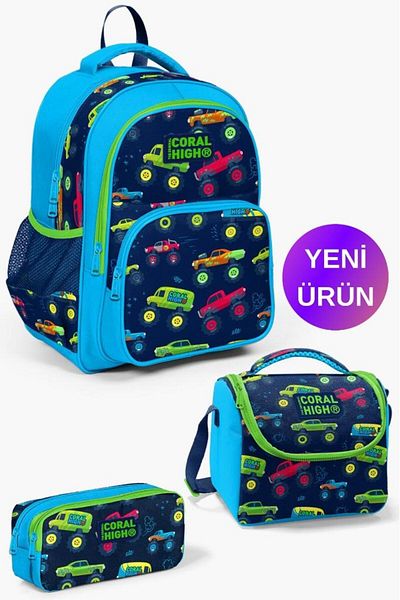 Coral High Kids Blue Navy Blue Monster Truck Patterned 3-Piece School Bag Set GOSET0123406