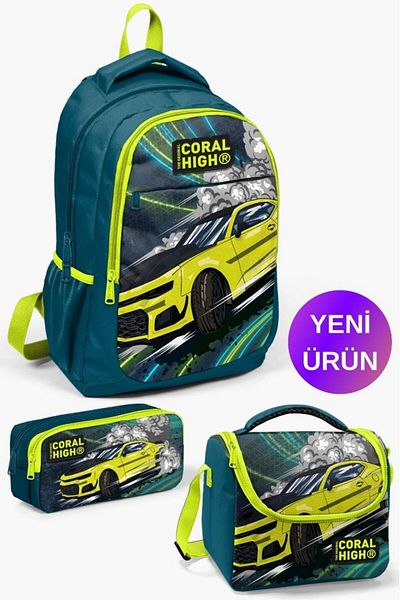 Coral High Kids Nephti Highlighting Yellow Car Patterned 3-Piece School Bag Set GOSET0114406