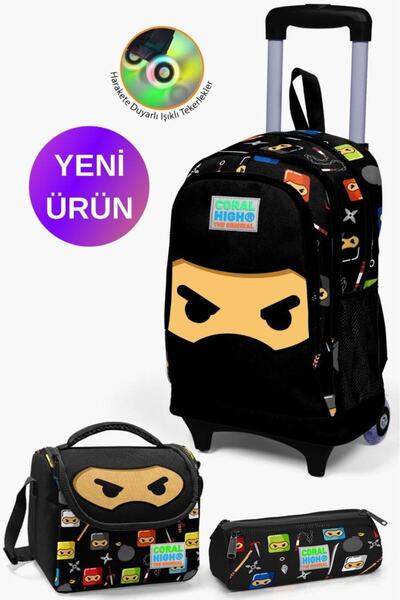 Coral High طقم حقائب أطفال بنقشة النينجا باللون الأسود مكونة من 3 قطع مع ممسح...