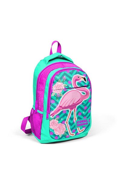 Coral High Set de genți de școală din 3 piese, cu model flamingo, verde apă, roz, cu USB GOSET 0123411