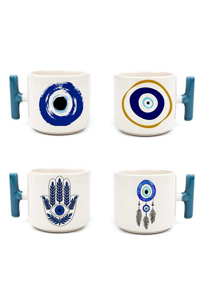 GünayStore EYE & EVIL THEME PRINTED COLORFUL T HANDLE NESCAFE & LATTE CUP SET OF 4
