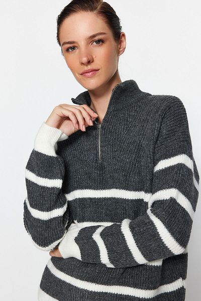 Trendyol Collection Soft Textured Zippered Striped Sweater - Anthracite TWOAW24KZ00624