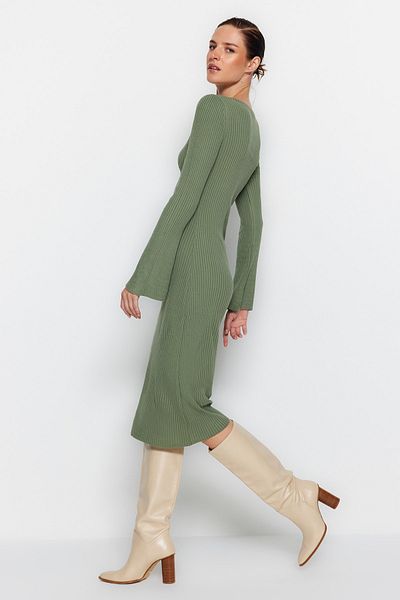 Trendyol Collection Khaki Midi Knitwear egyszerű ujjú részletruha TWOAW24EL00117