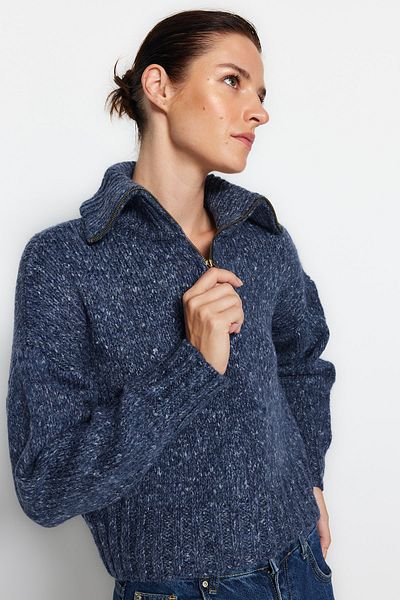 Trendyol Collection Pulover albastru din bumbac cu decolorare tricotată TWOAW24KZ00944