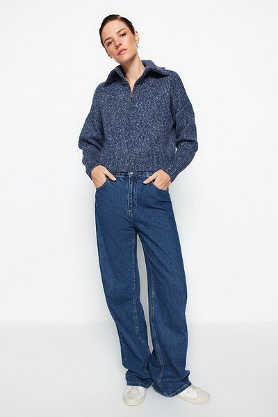 Trendyol Collection Pulover albastru din bumbac cu decolorare tricotată TWOAW24KZ00944