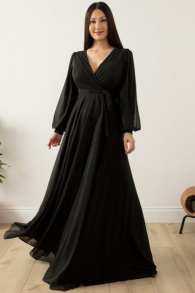 PULLIMM Double Breasted Collar Glitter Tulle Evening Dress 39427