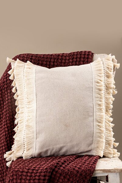 vivamaison Tekli Özel Tasarım Ham Keten Ekru Kenarı Püsküllü Ponponlu Kırlent Yastık Kılıfı 40x40 Cm