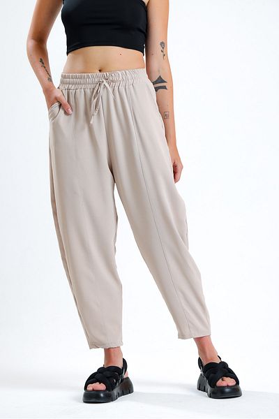 schlank Women's Beige Elastic Waist Pocket Ayrobin Shalwar Trousers