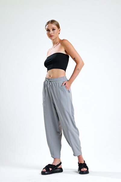 schlank Kadın Gri Belden Lastikli Cepli Ayrobin Şalvar Pantolon