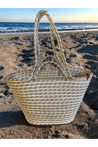 MaVaux Τσάντα παραλίας Zebra Jute Straw Look Τσάντα με λαβή γιούτας Vegan Bag