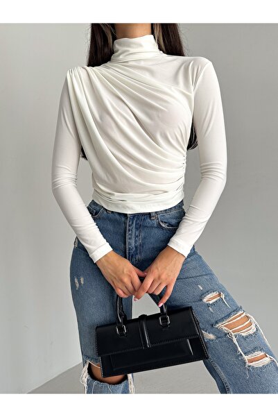 laughs WOMEN'S LONG SLEEVE HIGH COLLAR SHOULDER AND WAIST STRAW DETAILED SANDY FABRIC BLOUSE LPP2219