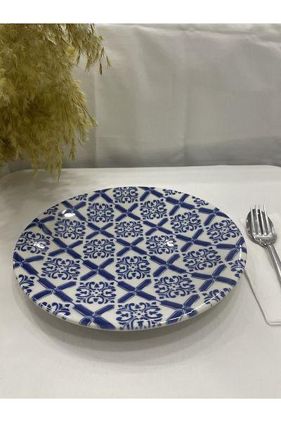 Kütahya Porselen Navy Blue Pattern Digital Printed 23 cm Set of 6 Sweet Presentation Plates
