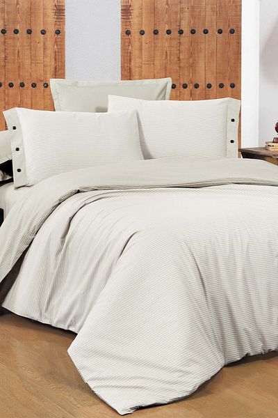 Sarev New Fancy Stripe Ecru Double 100% Cotton Striped Duvet Cover Set