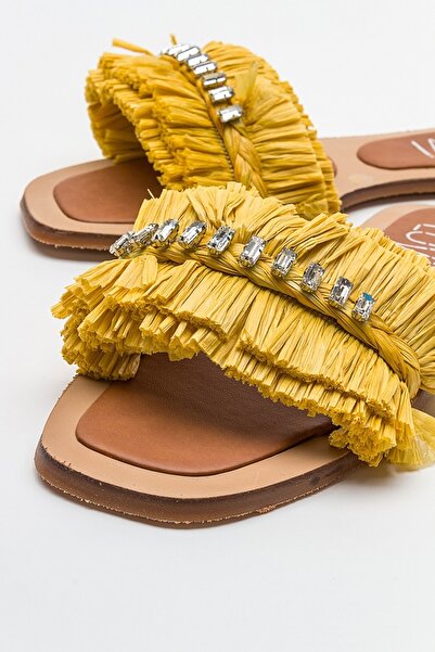 LuviShoes LUPE Sarı Taşlı Kadın Terlik