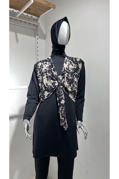 GİZGİYİM Front Tie 3 Piece Full Covered Hijab Swimsuit Large Size