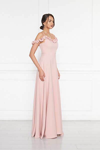 NO48 Pudra Fırfır Yaka Detay Ayarlanabilir Askılı Dokuma Kumaş Maxi Kloş Abiye Elbise