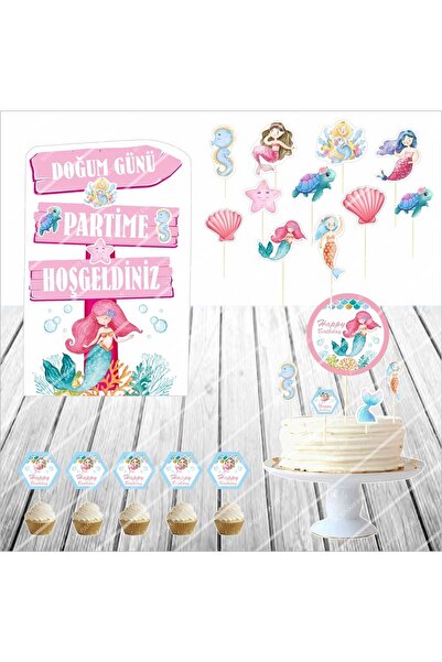 SİYAH PARTİ EVİ Yeni Deniz Kızı / Mermaid Doğum Günü Masa Maketi Pasta Süsü Seti