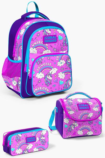 Coral High Geantă de școală cu model unicorn violet și roz, 3 piese - SET 0123404