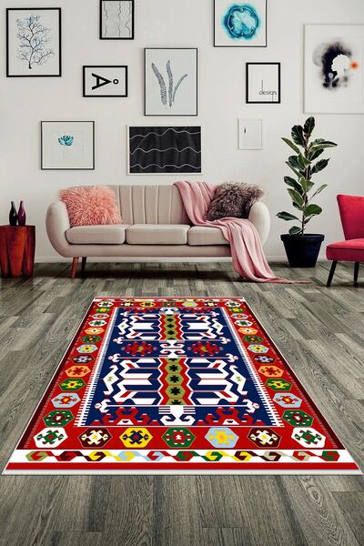 on the clouds Etnik Kilim Desenli Renkli Dijital Baskılı Yıkanabilir Kaymaz T...