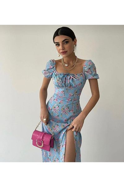 FMN Moda Rochie Fmn pentru femei, cu fustă largă, cu guler legat și cu fantă cu model floral