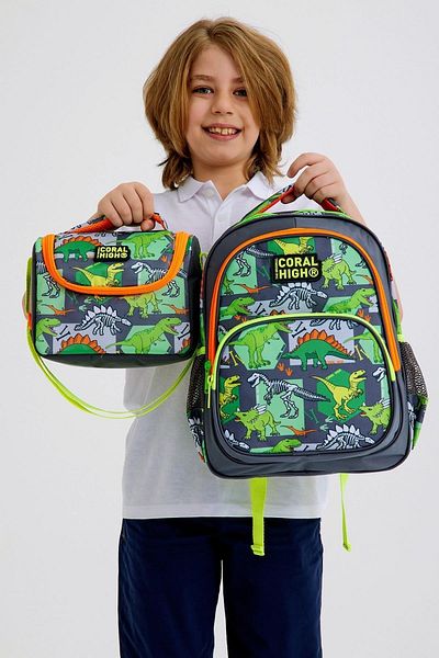 Coral High SET de 3 genți de școală cu model de dinozaur gri verde pentru copii 0114419