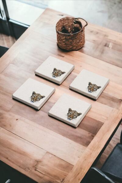 Baumatelier طقم قواعد أكواب من الحجر الطبيعي بتصميم وجه الفهد مكون من 4 قطع