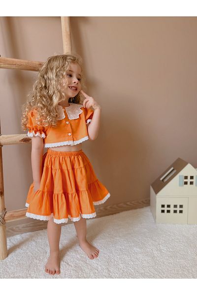 Little Ya Ya Love Girl's Orange Scallop Detail Bottom Top Crop Set
