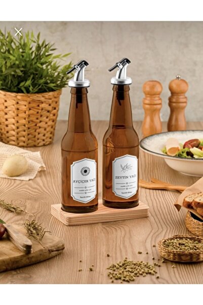 Genel Markalar Ahşap standlı amber 2’li 354cc zeytinyağı sıvı yağ şişesi yağd...