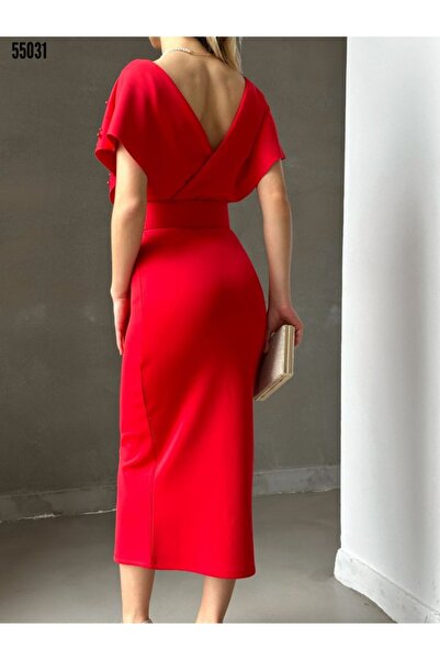 pelinzen Kadın Kemerli Inci Detay Dalgıç Kumaş Abiye Elbise