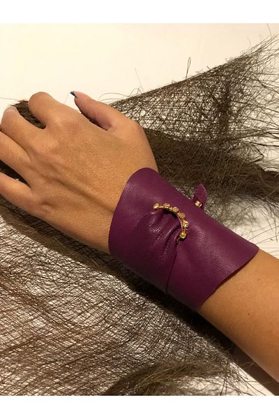 AGG TASARIM Claret Red Leather Bracelet with Gold Detail