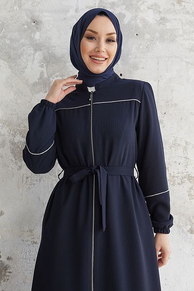 InStyle Milena Biye Detail Belted Abaya - Navy Blue