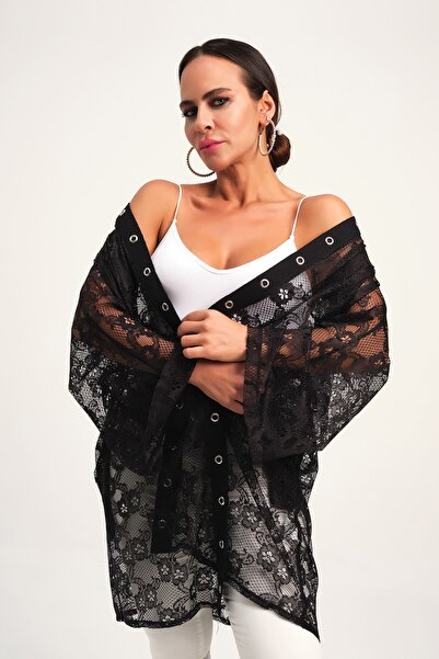 Marever Fashion قفطان كيمونو قصير أسود مزين بالدانتيل وجيب على شكل عين الطائر