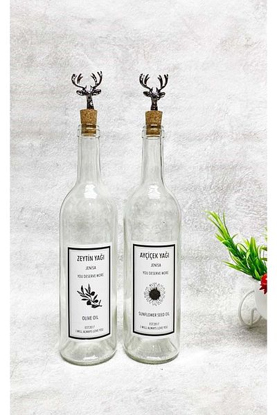 Jenisa Transparent Glass Bottle with Black Deer Stopper 2-Piece 750 ml Olive Oil Liquid Label Oil Pot Oil Bottle