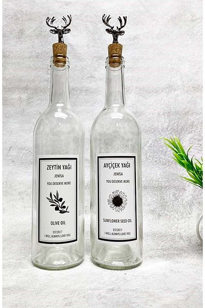 Jenisa Transparent Glass Bottle with Black Deer Stopper 2-Piece 750 ml Olive Oil Liquid Label Oil Pot Oil Bottle