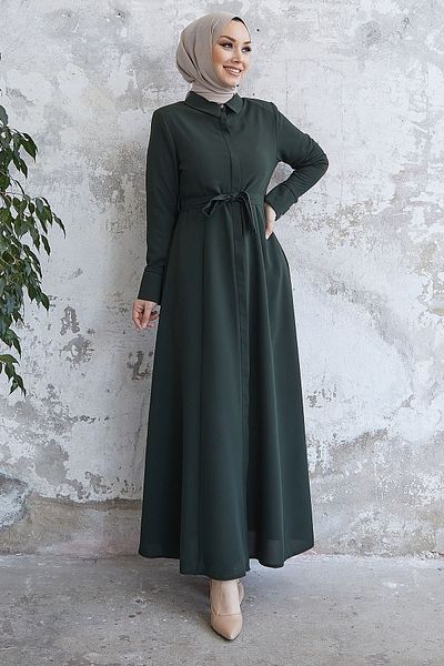 InStyle Emery Belted Shirt Collar Abaya - Khaki