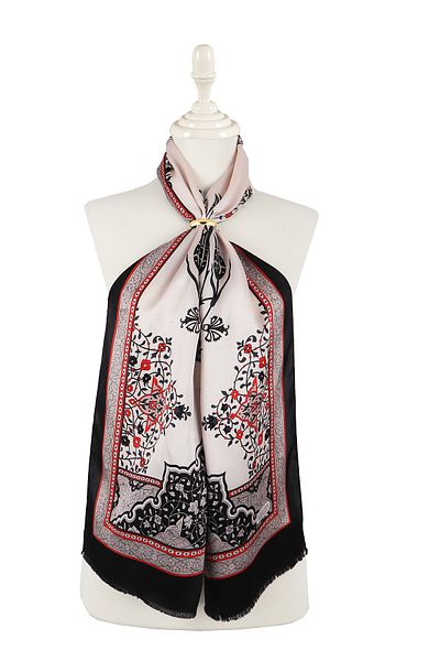 Bursa İpek Ecru Black Candlestick Tulip Silk Scarf