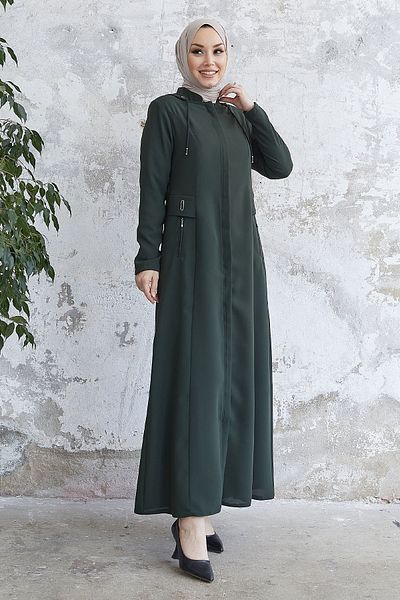 InStyle عباية إيلينا بغطاء رأس وتفاصيل خصر - كاكي