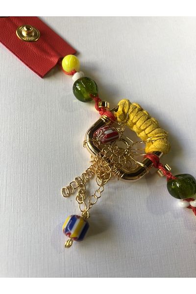 AGG TASARIM Special Design Leather Bracelet with Red Gold Beads