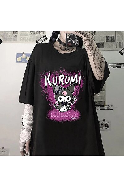 MECH BUTİK Kuromi Smile Baskılı Siyah Oversize Tshirt Tişort