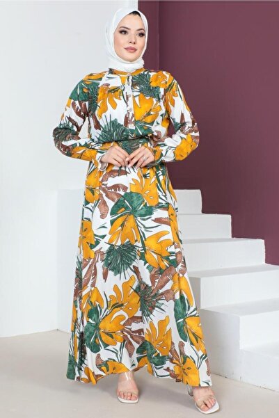 benguen 8164 Patterned Robe Viscose Hijab Dress Green