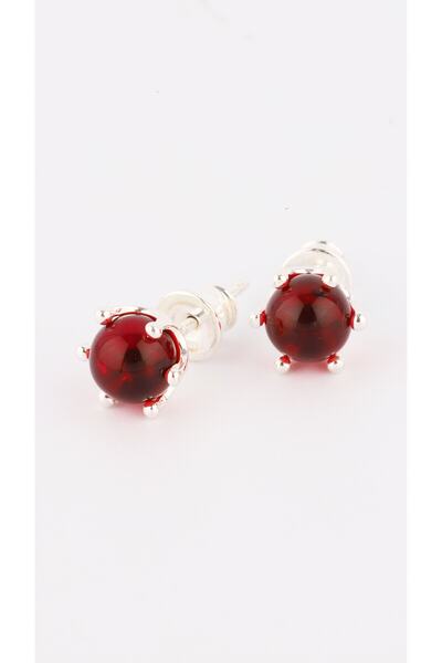 Amber by Mazukna Kırmızı Yuvarlak Kesim Kehribar Küpe, 925 Gümüş Çivili Kilit, Genç, Yetişkin, Sertifikalı