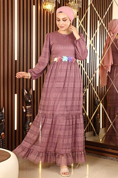 Modamihram Lace Belt Floral Dress Dusty Rose 10242