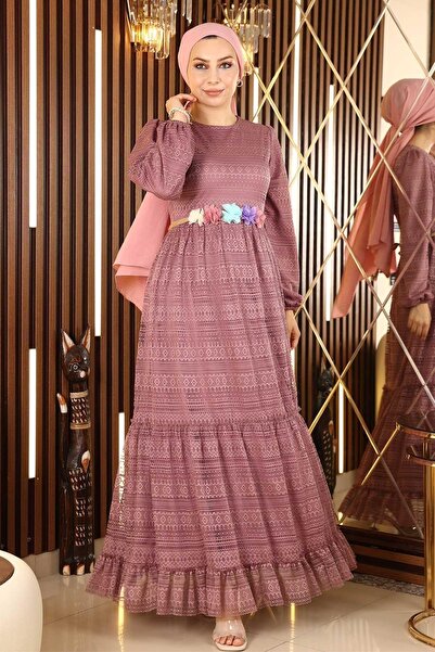 Modamihram Lace Belt Floral Dress Dusty Rose 10242