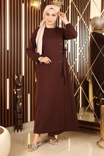 Modamihram Buttoned Side Tied Abaya Brown 19133